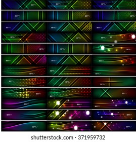 Glowing shapes on dark background. Vector set of black headers with light effects