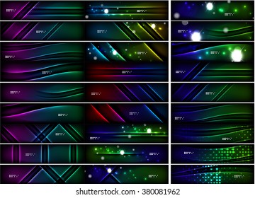 Glowing shapes on dark background. Vector set of black headers with light effects