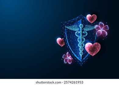 Glowing shield with caduceus symbol surrounded by low-poly hearts and flowers on dark blue background. Thank you doctors. Tribute to healthcare workers, compassion, care. Abstract vector illustration.