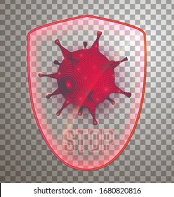 Glowing shield with coronavirus cell. Virus protection system logo. Stop virus vector illustration