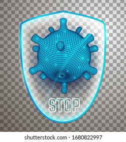 Glowing shield with coronavirus cell. Virus protection system logo. Stop virus vector illustration