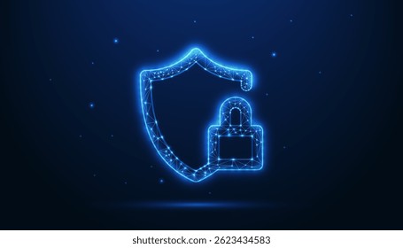 Ícone Brilhante de Proteção Cibernética: Proteção Digital Futurista, Segurança de Dados e Conceito de Segurança de Rede com Bright Neon Shield no Fundo Escuro