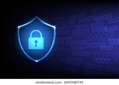 Glowing shield with lock symbol over binary code background representing cybersecurity and data protection, vector illustration