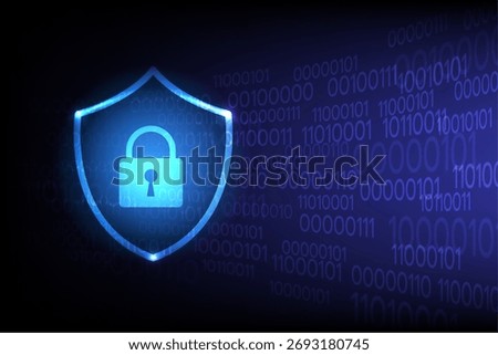 Glowing shield with lock symbol over binary code background representing cybersecurity and data protection, vector illustration