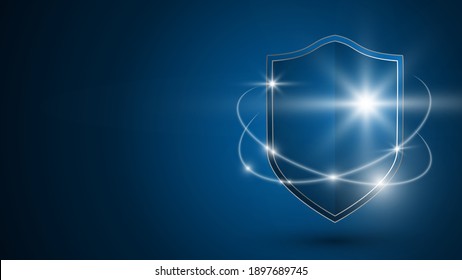 Glowing shield on a dark blue background. Concept of data protection, cybersecurity, security system. Technologies of the future. Realistic 3d vector