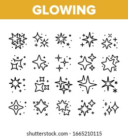 Glowing Shine Stars Collection Icons Set Vector. Glowing Sparkles, Christmas Fireworks Burst Explosion, Glitter Festive Fire Concept Linear Pictograms. Monochrome Contour Illustrations