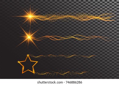 Glowing shining star and ribbon wave in golden color. Gold glittering spiral.Magic glow light effect stars bursts with sparkles and sparkling particle on transparent background.