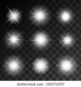 Glowing shining stars set in different shapes on transparent background. Isolated vector illustration
