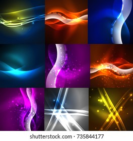 Glowing shiny abstract background set, dark space with light effects