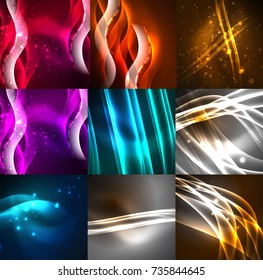 Glowing shiny abstract background set, dark space with light effects