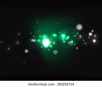 Glowing shiny bubbles and stars in dark space. Vector illustration. Abstract background