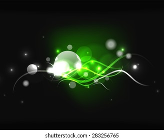 Glowing shiny bubbles and stars in dark space. Vector illustration. Abstract background