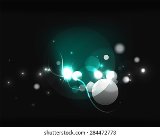 Glowing shiny bubbles and stars in dark space. Vector illustration. Abstract background