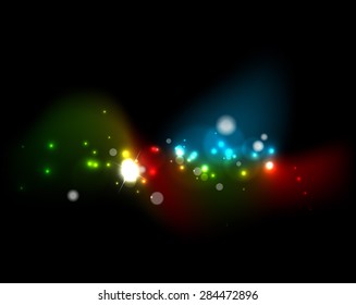 Glühende Blasen und Sterne im dunklen Raum. Vektorgrafik. Abstrakter Hintergrund