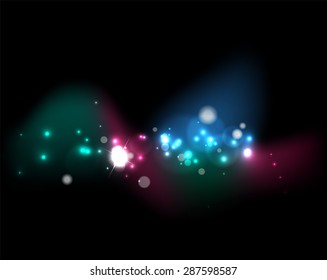 Glowing shiny bubbles and stars in dark space. Vector illustration. Abstract background