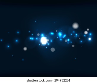 Glowing shiny bubbles and stars in dark space. Vector illustration. Abstract background