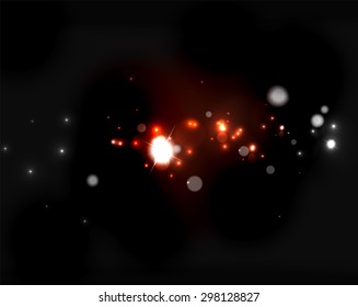 Glowing shiny bubbles and stars in dark space. Vector illustration. Abstract background