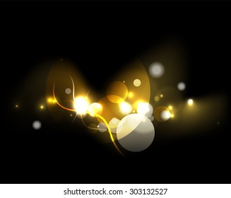 Glowing shiny bubbles and stars in dark space. Vector illustration. Abstract background