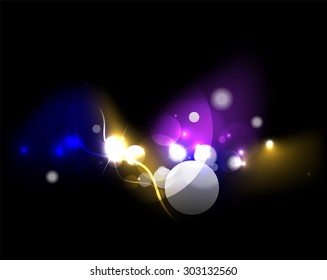 Glowing shiny bubbles and stars in dark space. Vector illustration. Abstract background