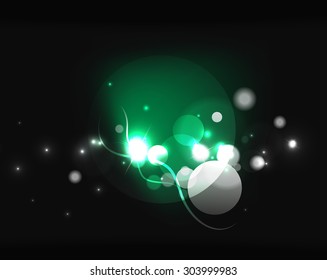 Burbujas brillantes y estrellas en el espacio oscuro. Ilustración vectorial. Antecedentes abstractos