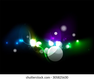 Glowing shiny bubbles and stars in dark space. Vector illustration. Abstract background