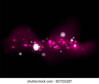 Glowing shiny bubbles and stars in dark space. Vector illustration. Abstract background