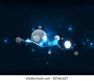 Glowing shiny bubbles and stars in dark space. Vector illustration. Abstract background