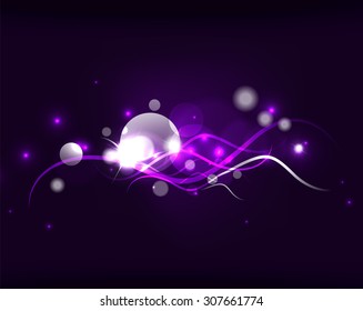 Glowing shiny bubbles and stars in dark space. Vector illustration. Abstract background