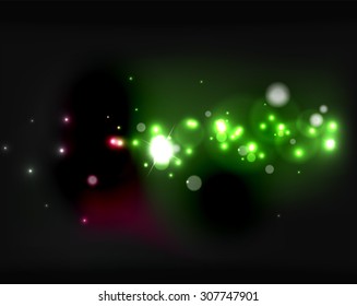 Bolhas brilhantes brilhantes brilhantes e estrelas no espaço escuro. Ilustração vetorial. Fundo abstrato