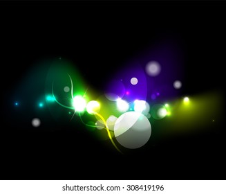 Glowing shiny bubbles and stars in dark space. Vector illustration. Abstract background