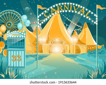 Glowing Shiny Circus Tent for Performance and Entertainment in Amusement Park at Night. Travelling Festival. Bright Festive Marquee and Ticket Booth. Entrance Gate with Lights. Vector Illustration