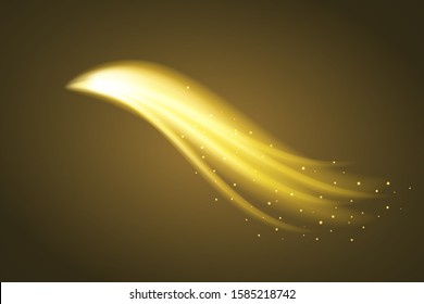 Glowing and shiny gold flow. Vector illustration. Flying abstract light.