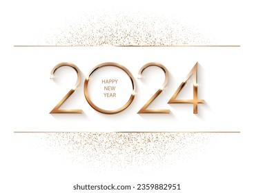 Glowing shiny golden new 2024 year numbers with glitter on white background. Festive winter holiday merry Christmas decoration. Vector 2024 New Year illustration.