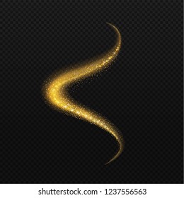 Glowing shiny golden spiral trail glittering sparkling element. Vector