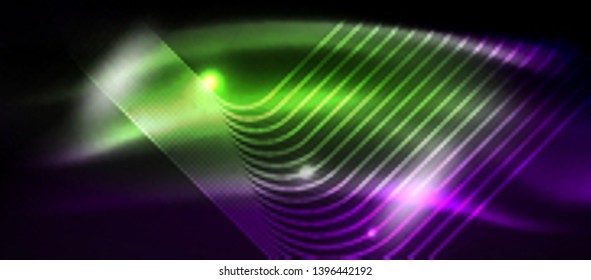 Glowing shiny neon squares abstract background, techno modern template, vector