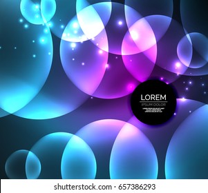 Glowing shiny overlapping circles composition on dark background, magic style light effects abstract design template
