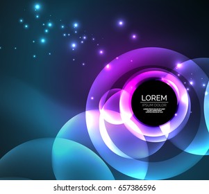 Glowing shiny overlapping circles composition on dark background, magic style light effects abstract design template
