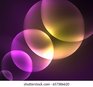 Glowing shiny overlapping circles composition on dark background, purple and yellow colors magic style light effects abstract design template