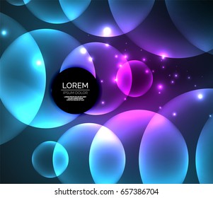 Glowing shiny overlapping circles composition on dark background, magic style light effects abstract design template
