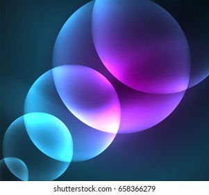 Glowing shiny overlapping circles composition on dark background, magic style light effects abstract design template