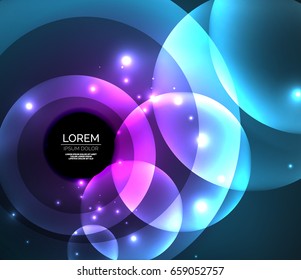 Glowing shiny overlapping circles composition on dark background, magic style light effects abstract design template