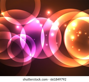 Glowing shiny overlapping circles composition on dark background, magic style light effects abstract design template