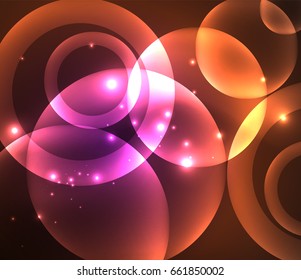 Glowing shiny overlapping circles composition on dark background, magic style light effects abstract design template