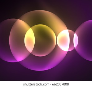 Glowing shiny overlapping circles composition on dark background, purple and yellow colors magic style light effects abstract design template