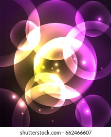 Glowing shiny overlapping circles composition on dark background, purple and yellow colors magic style light effects abstract design template