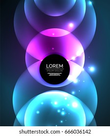 Glowing shiny overlapping circles composition on dark background, magic style light effects abstract design template