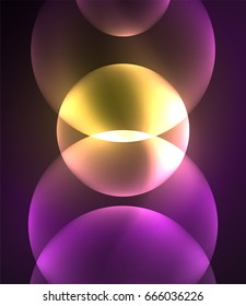 Composición de círculos brillantes y superpuestos sobre fondo oscuro, colores púrpura y amarillo efectos de luz de estilo mágico plantilla de diseño abstracto
