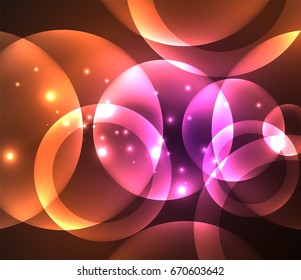 Glowing shiny overlapping circles composition on dark background, magic style light effects abstract design template