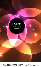 Glowing shiny overlapping circles composition on dark background, magic style light effects abstract design template