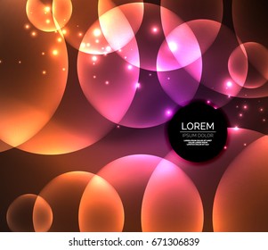Glowing shiny overlapping circles composition on dark background, magic style light effects abstract design template